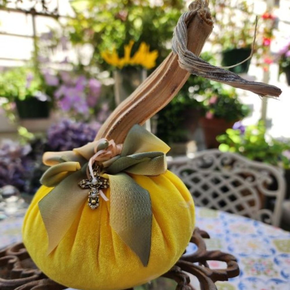 PUMPKIN WITH REAL STEM, VELVET FABRIC, SILK RIBBONS AND UNIQUE TRIM HANDMADE